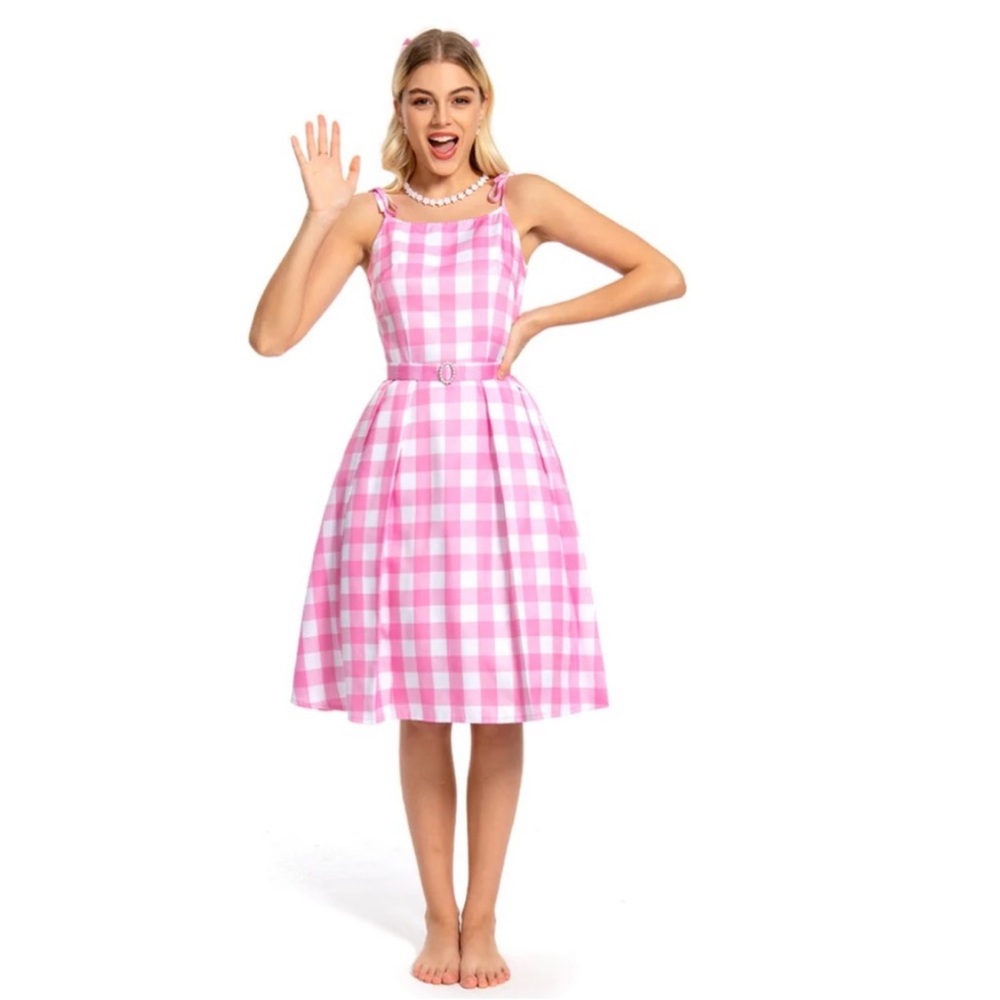 Margot Robbie Barbie The Movie Pink Plaid Dress and Accessories, Barbie Costume - Picture 7 of 9